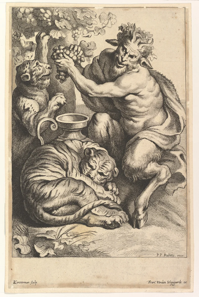 Satyr with Grapes and Two Tigers by Lucas Vorsterman II, print, 1614-1679