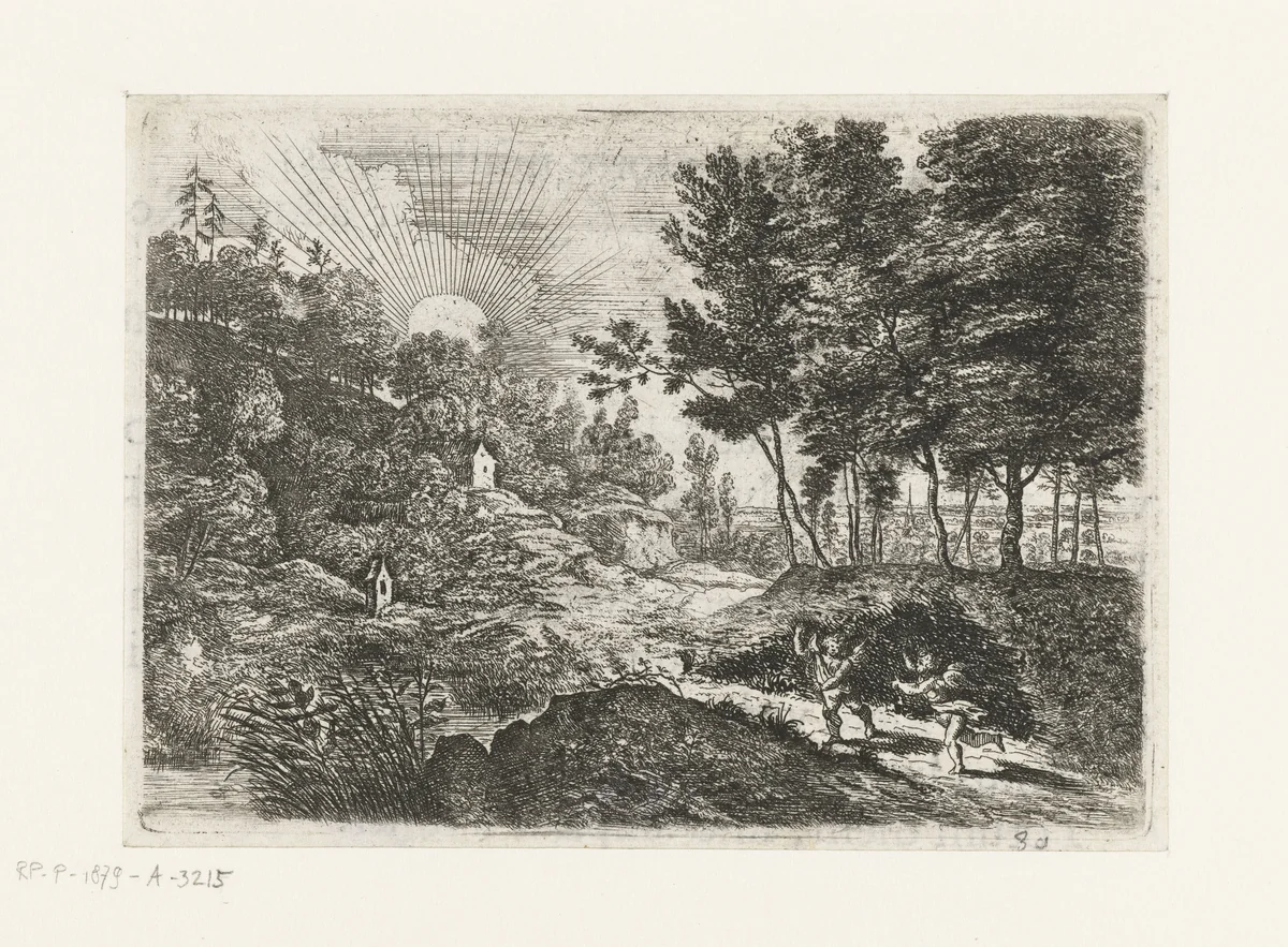 Landschap met twee putti by Lucas van Uden, print, 1605-1673