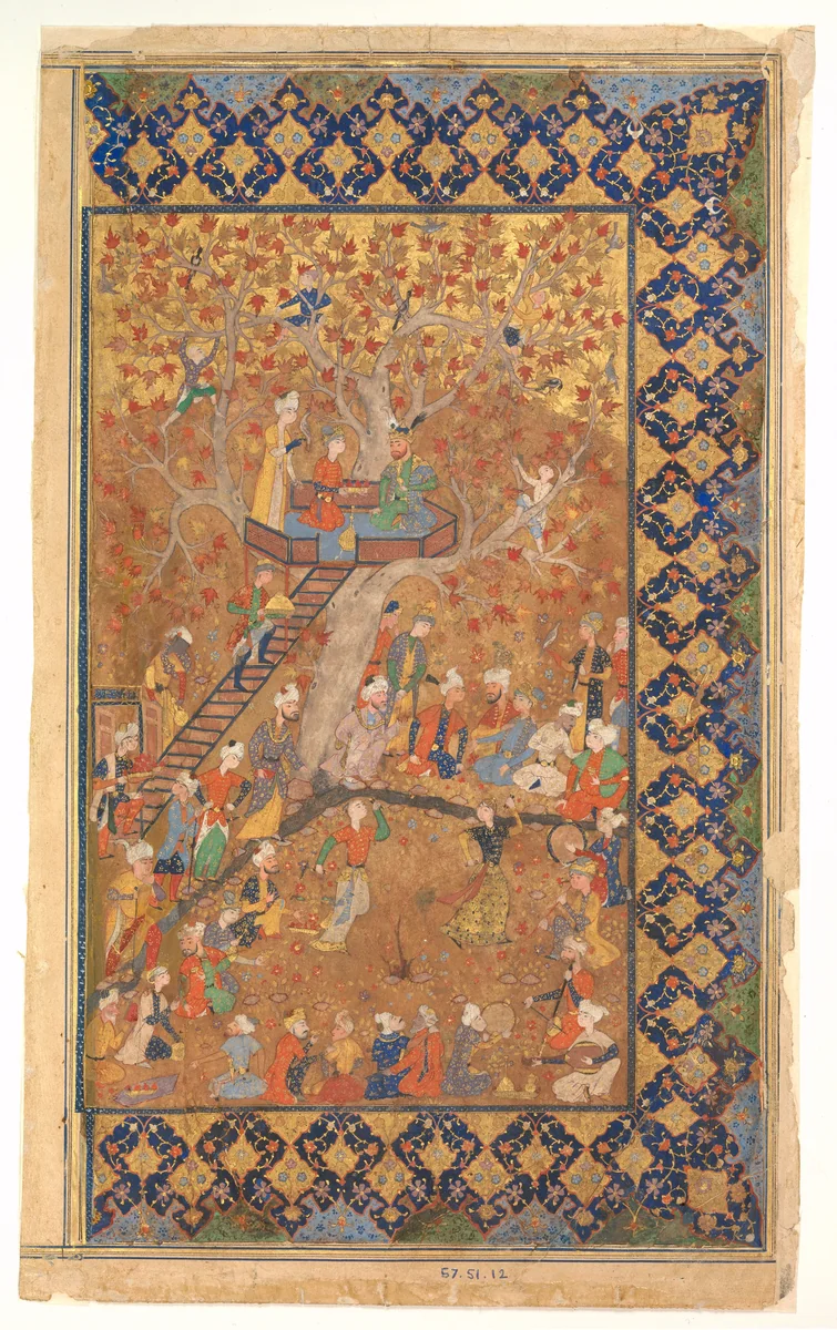 "Entertainment in a Garden", Folio from a Khamsa of Amir Khusrau Dihlavi, Matla' al-Anvar by Amir Khusrau, manuscript, 1550-1599