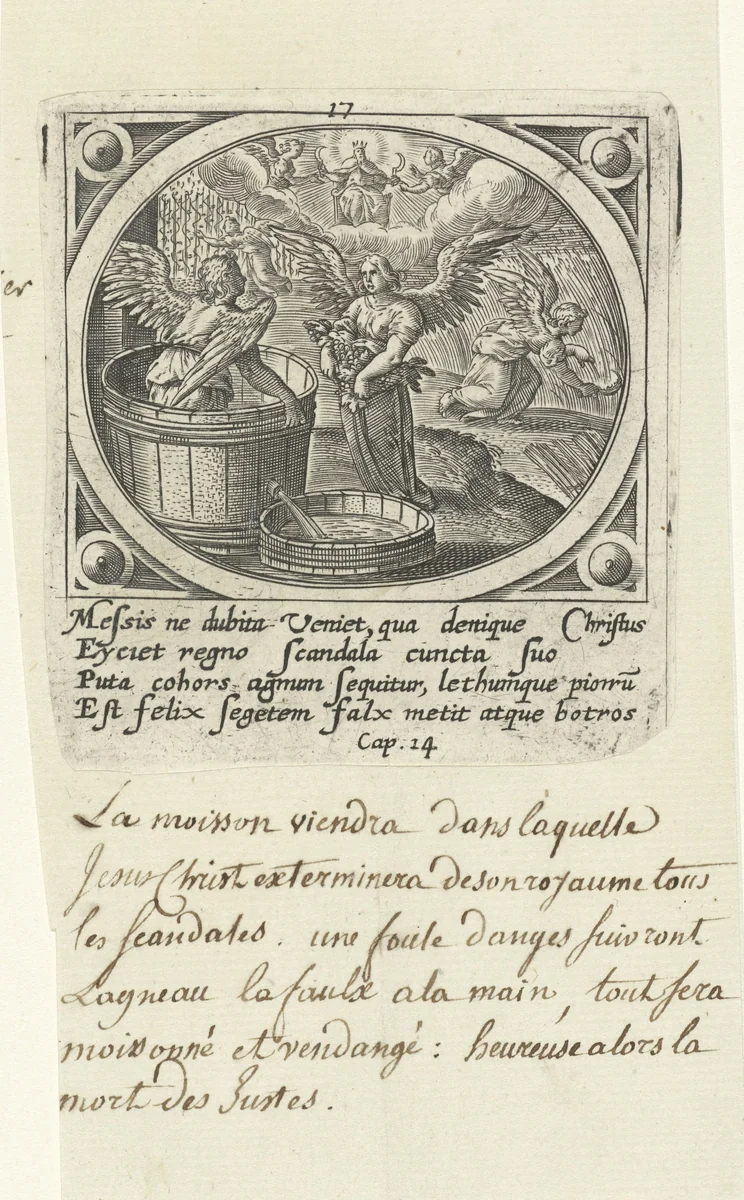 Oogsten met sikkel en wijnpers by Unknown, print, 1585