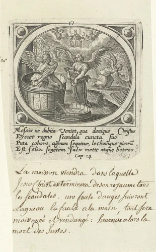 Oogsten met sikkel en wijnpers by Unknown, print, 1585