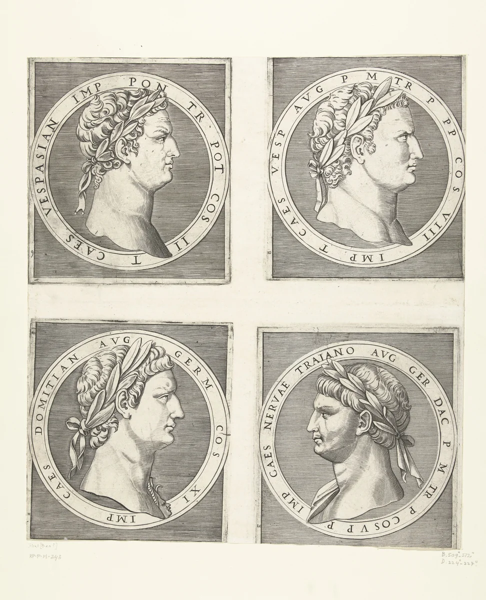 Portretten van keizers Vespasianus en Titus en Domitianus en Nerva by Marcantonio Raimondi, print, 1510-1527