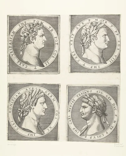 Portretten van keizers Vespasianus en Titus en Domitianus en Nerva by Marcantonio Raimondi, print, 1510-1527