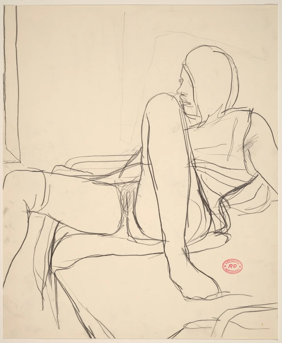 Untitled [female nude on lying back on bed with dress open] by Richard Diebenkorn, drawing, 1955-1967
