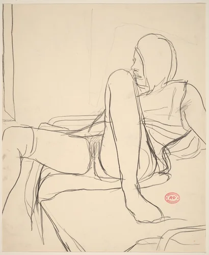 Untitled [female nude on lying back on bed with dress open] by Richard Diebenkorn, drawing, 1955-1967