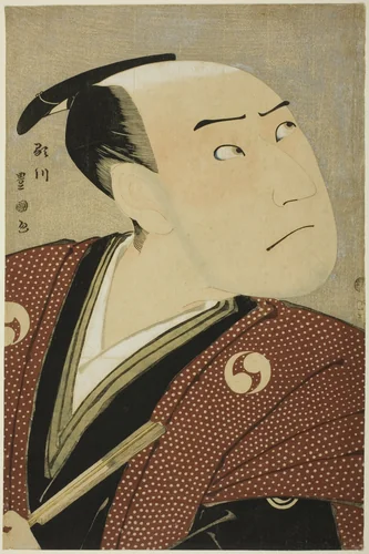 The actor Sawamura Sojuro III as Oboshi Yuranosuke in the play "Edo no Hana Ako no Shiogama," performed at the Kiri Theater in the fourth month, 1796 by Utagawa Toyokuni I (初代 歌川 豊国), print, 1796