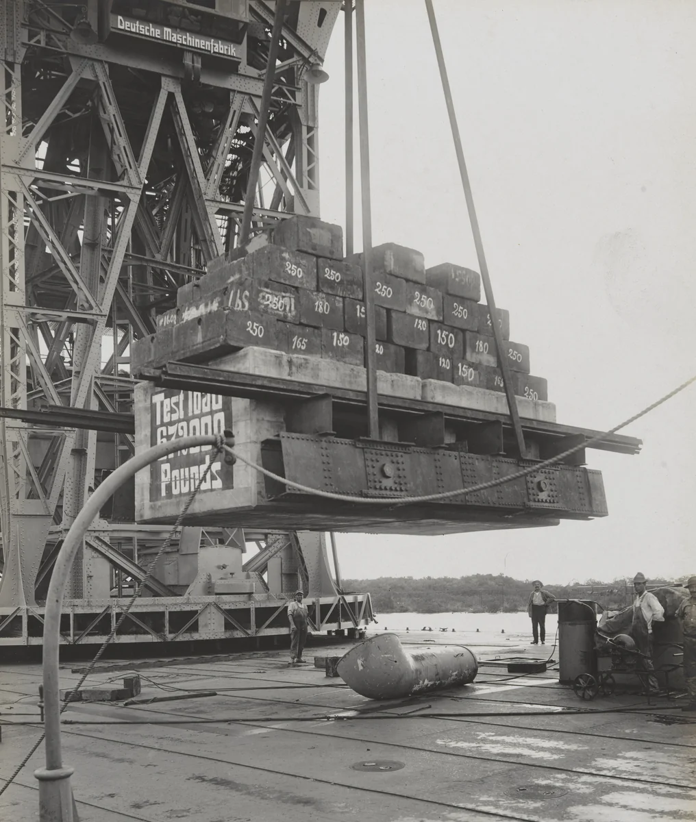 Floating crane "Ajax" test. Rotating 275 tons (10% excess) at rated reach by Unidentified Photographer, photograph, 1915