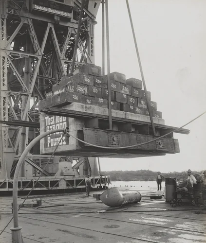 Floating crane "Ajax" test. Rotating 275 tons (10% excess) at rated reach by Unidentified Photographer, photograph, 1915
