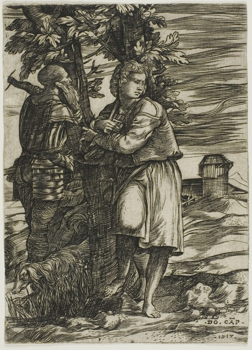 Shepherd and Old Warrior by Domenico Campagnola, print, 1517