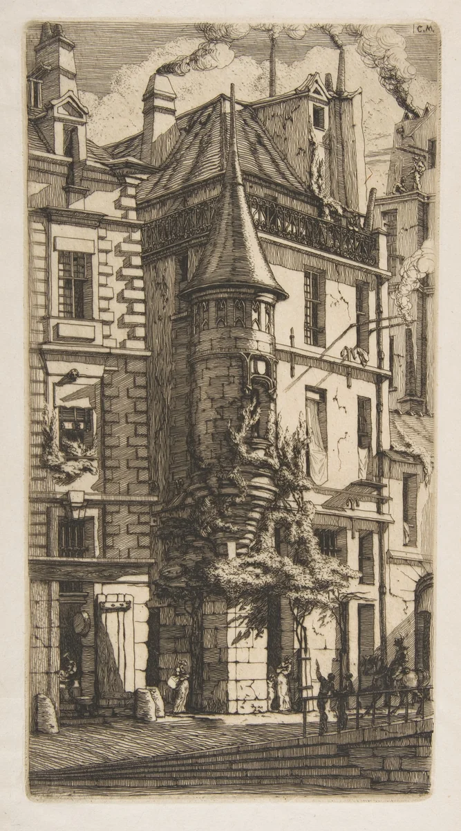 House with a Turret, rue de la Tixéranderie, Paris by Charles Meryon, print, 1852