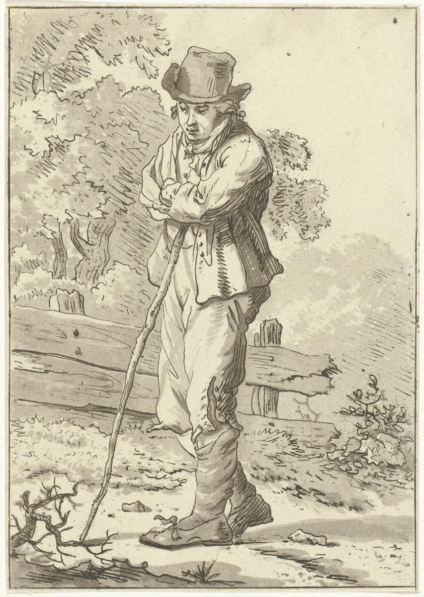 Man leunend op stok by Hermanus Fock, print, 1781-1822