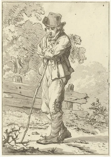 Man leunend op stok by Hermanus Fock, print, 1781-1822