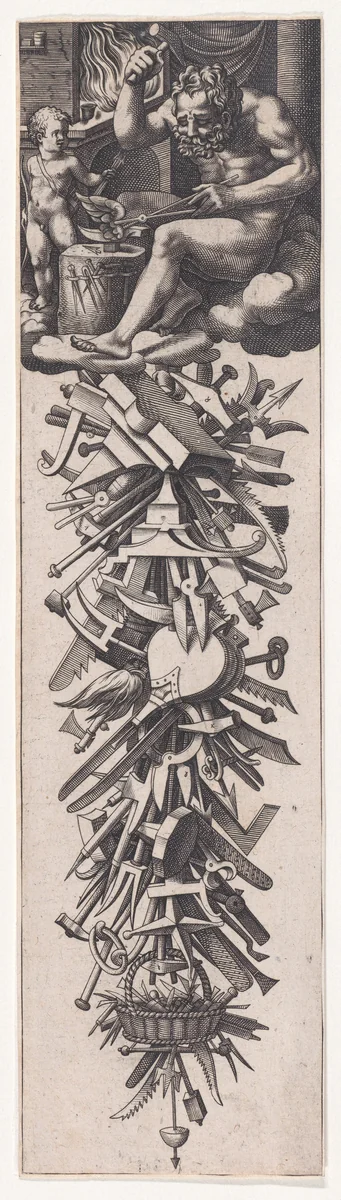 Vulcan Forging the Wings of Cupid, from "Dessins d'aiguières, etc., no. 4" by René Boyvin, print, 1525-1600