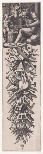 Vulcan Forging the Wings of Cupid, from "Dessins d'aiguières, etc., no. 4" by René Boyvin, print, 1525-1600