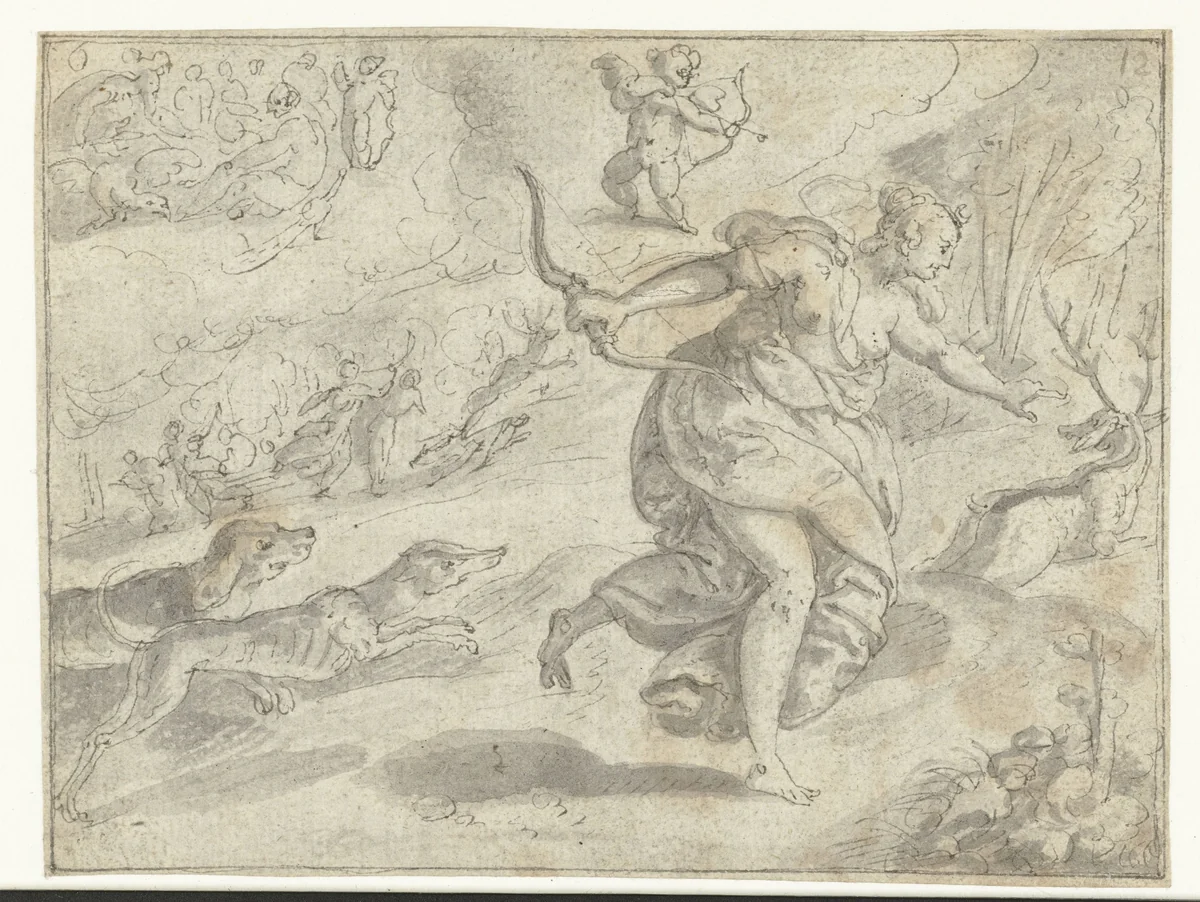 Diana en Cupido by Jan Snellinck, drawing, 1575-1580