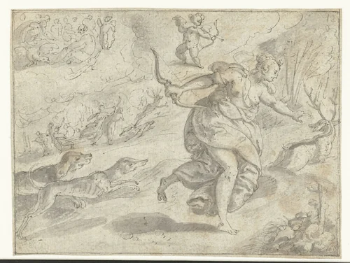 Diana en Cupido by Jan Snellinck, drawing, 1575-1580