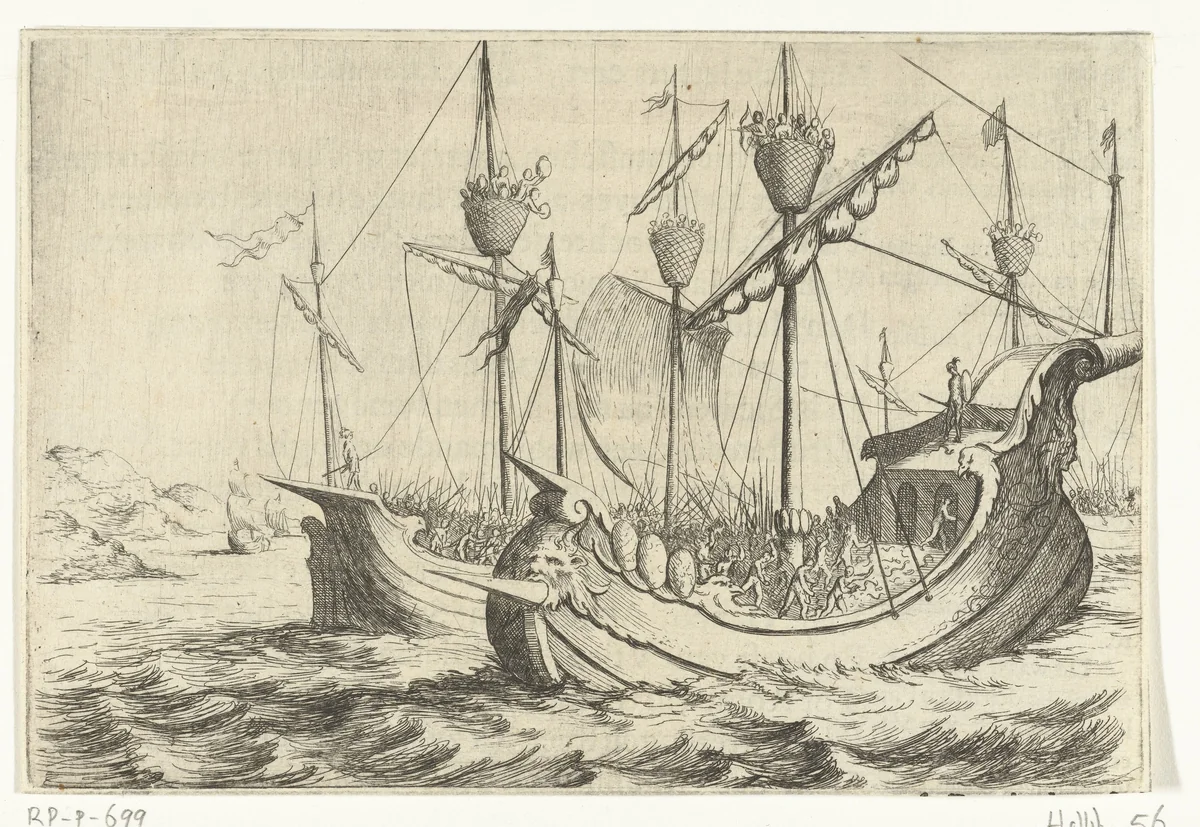 Strijd tussen Romeinse schepen by Willem Basse, print, 1632-1634
