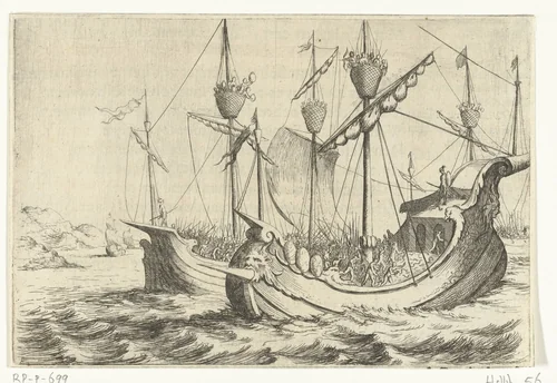 Strijd tussen Romeinse schepen by Willem Basse, print, 1632-1634