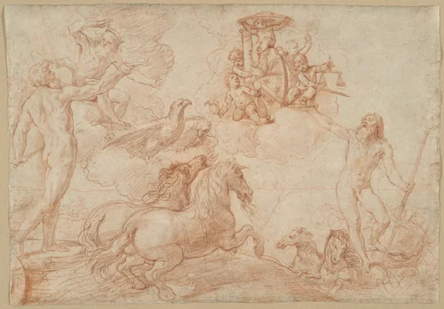 Jupiter, Neptune and Pluto Paying Homage to the Coat of Arms of Cardinal Borghese by Simone Cantarini, drawing, 1640-1645