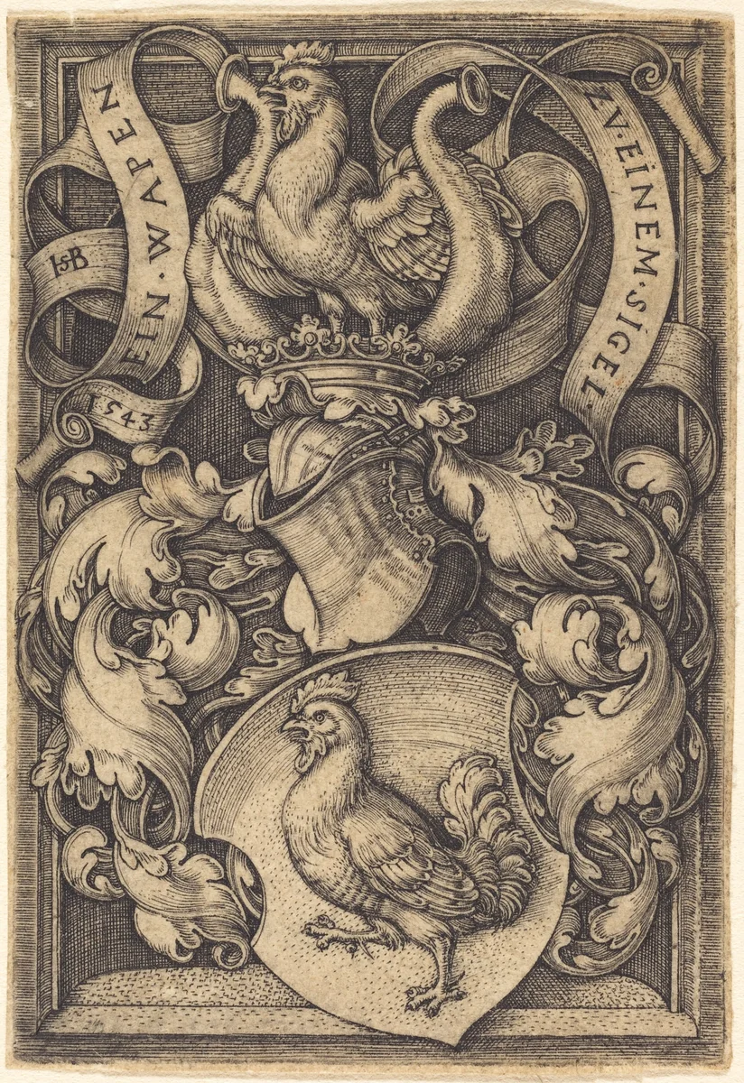 Coat of Arms with a Cock by Sebald Beham, print, 1543