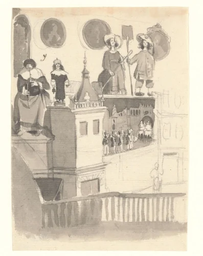 Interieur van de herberg aan de Prinsengracht met het hoekje van de beeldenzaal met beweegbare beelden by Willem Hekking jr., drawing, 1835-1904