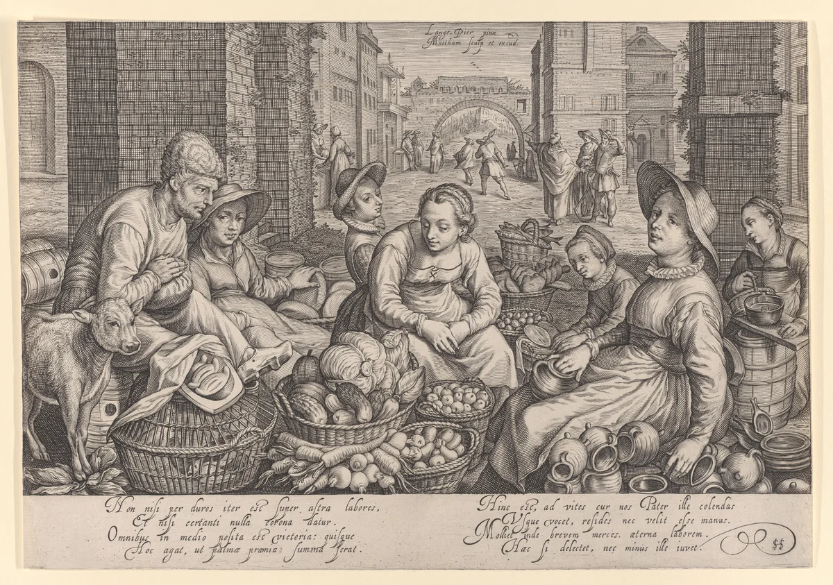 Market Scene in City with the Parable of the Laborers in the Vineyard in the Background by Jacob Matham, print, 1603