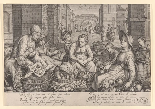 Market Scene in City with the Parable of the Laborers in the Vineyard in the Background by Jacob Matham, print, 1603