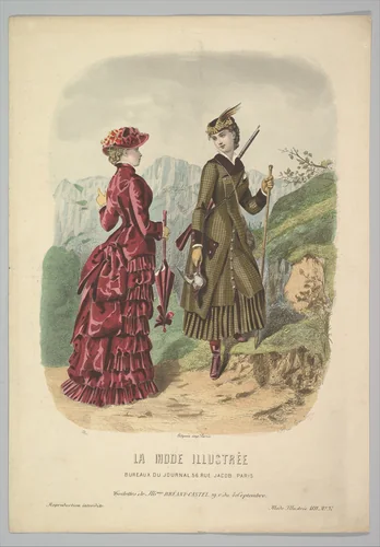 A Lady in a Hunting Costume with a Lady in Walking Costume on a Mountain Path from La Mode Illustrée by Adèle-Anaïs Toudouze, print, 1881