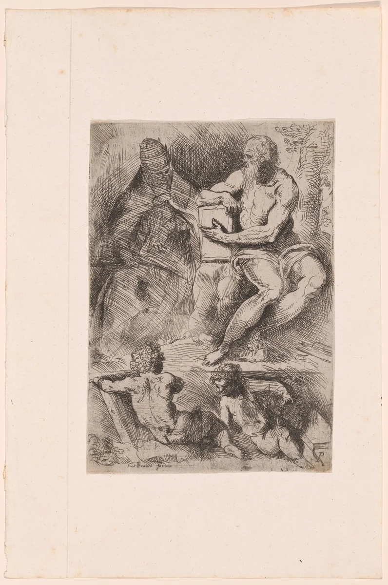 Saint Jerome and a Pope with Two Putti (Saint Jerome and Pope Damasus) by Jacopo Negretti, print, 1606-1616