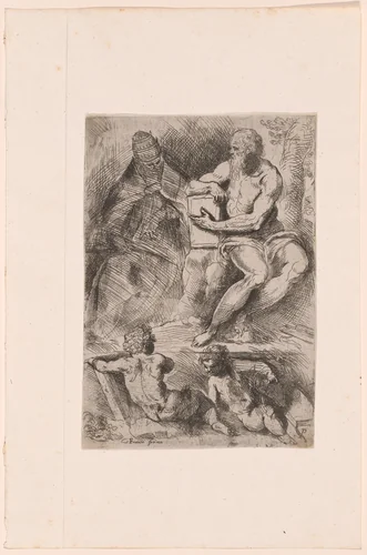 Saint Jerome and a Pope with Two Putti (Saint Jerome and Pope Damasus) by Jacopo Negretti, print, 1606-1616
