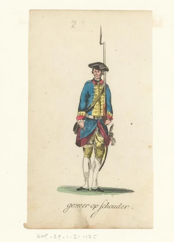 Militair met een geweer met bajonet tegen zijn schouder by anonymous, print, 1821-1829