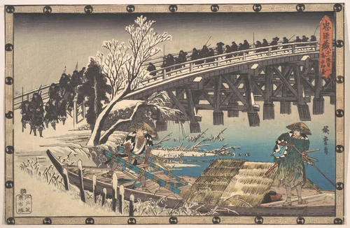 The Loyal Ronin Crossing the Long Bridge to Embark for the Night Attack upon Moronao by Utagawa Hiroshige (歌川広重), print, 1830-1850