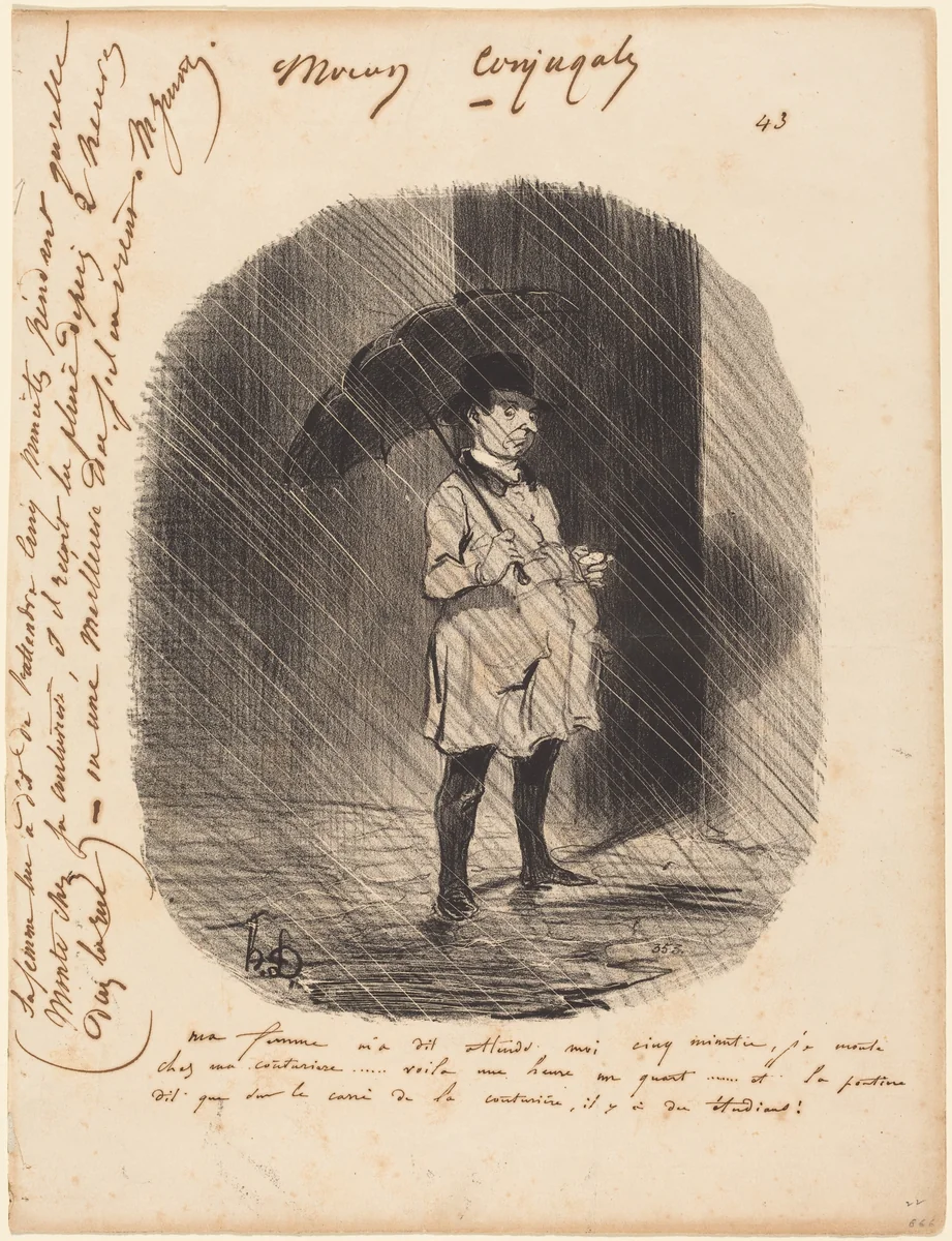 Ma femme m'a dit: attends moi cinq minutes... by Honoré Daumier, print, 1842