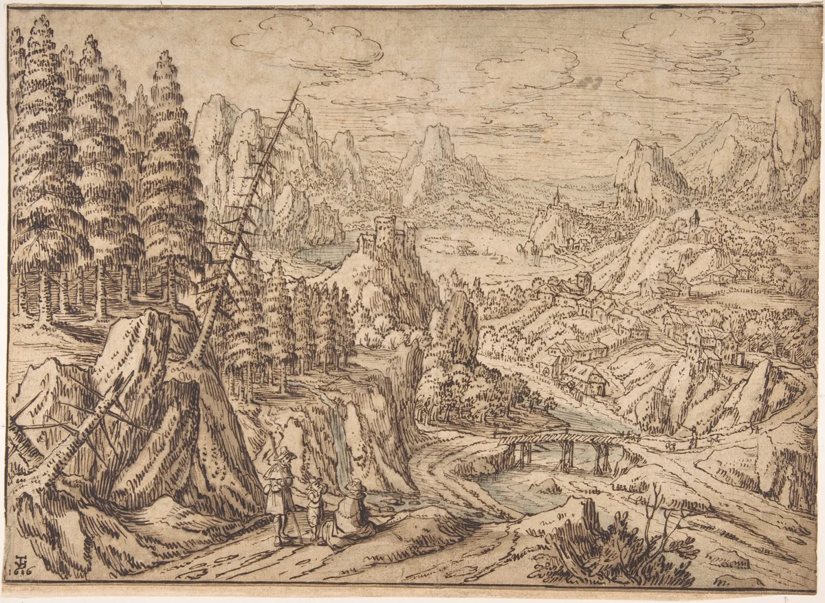 Mountainous Landscape with Travelers on a Road by Tobias Verhaecht, drawing, 1616