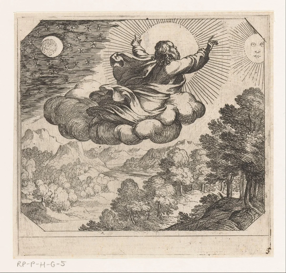 God schept de zon, de maan en de sterren by Antonio Tempesta, print, 1565-1630