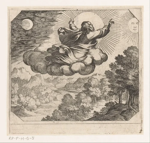 God schept de zon, de maan en de sterren by Antonio Tempesta, print, 1565-1630