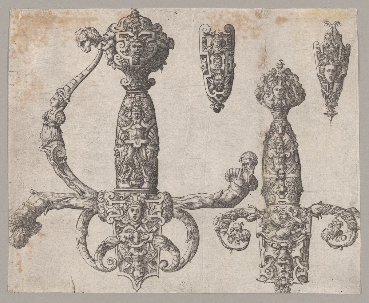 Sheet with Four Designs for Relief Decorations on Arms: Two Large Hilts for a Sword and a Dagger, and the Ornaments for the Tips of the Sheaths by Pierre Woeiriot, print, 1545-1555