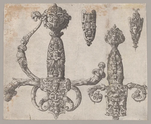 Sheet with Four Designs for Relief Decorations on Arms: Two Large Hilts for a Sword and a Dagger, and the Ornaments for the Tips of the Sheaths by Pierre Woeiriot, print, 1545-1555