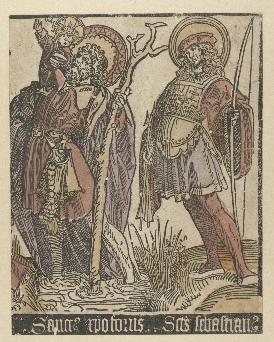 De heiligen Christoffel en Sebastiaan by Jacob Cornelisz van Oostsanen, print, 1509-1513