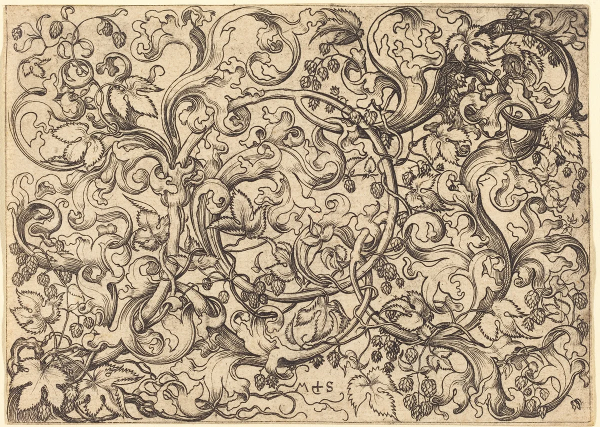 Ornament with Hop Vine by Martin Schongauer, print, 1480-1490