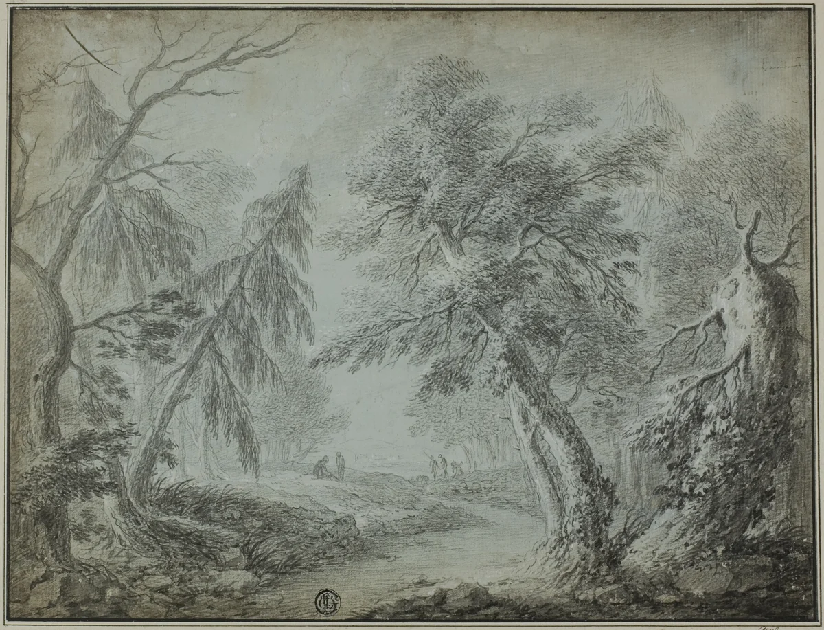 Forest with Stream and Figures by Jean Baptiste Pillement, drawing, 1700-1799
