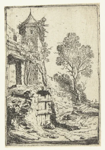Vervallen huis bij een zeshoekige toren by Bartholomeus Breenbergh, print, 1639-1640