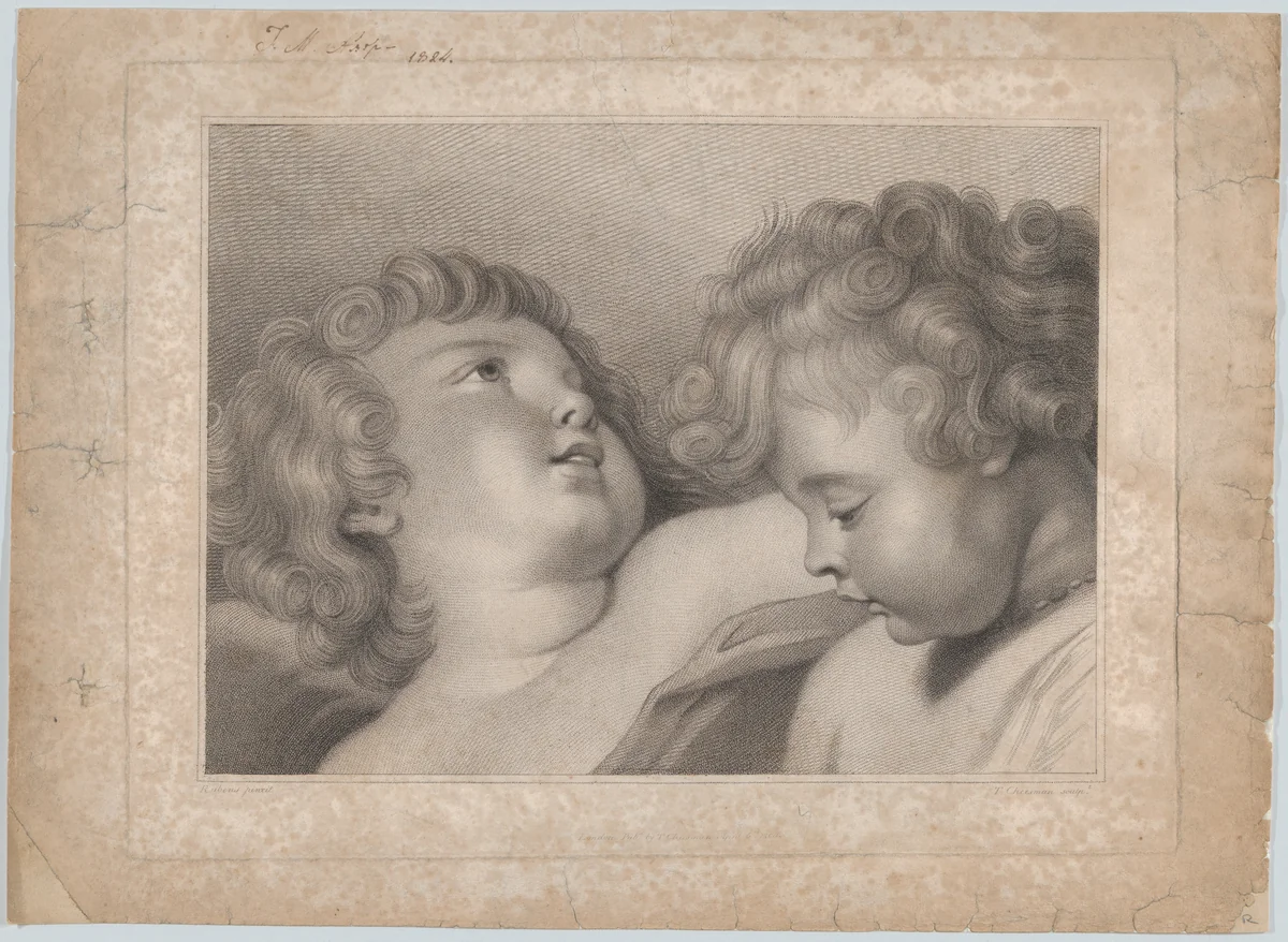 Two heads of cherubs by Thomas Cheesman, print, 1800