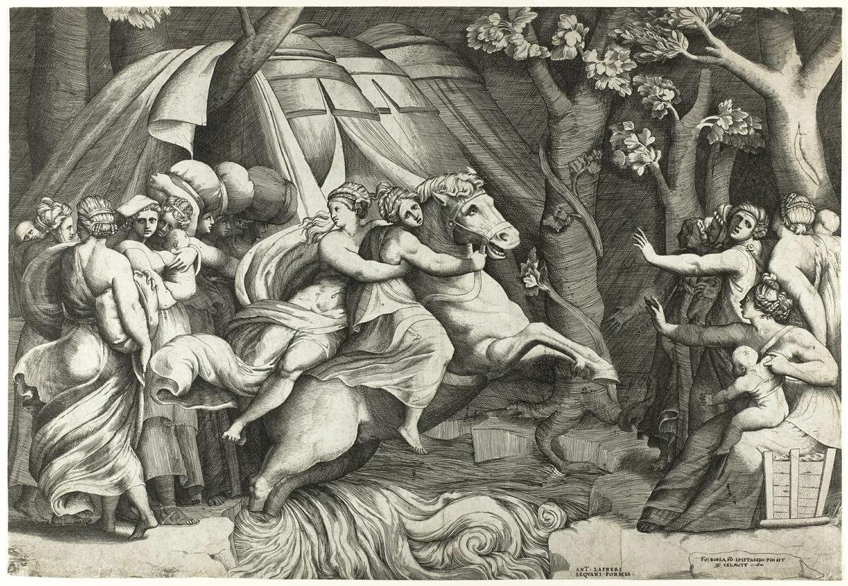 Cloelia Crossing the Tiber by Giulio Bonasone, print, 1540