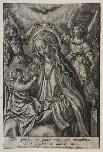 Virgin Crowned by Two Angels by Hieronymus Wierix, print, 1614-1624