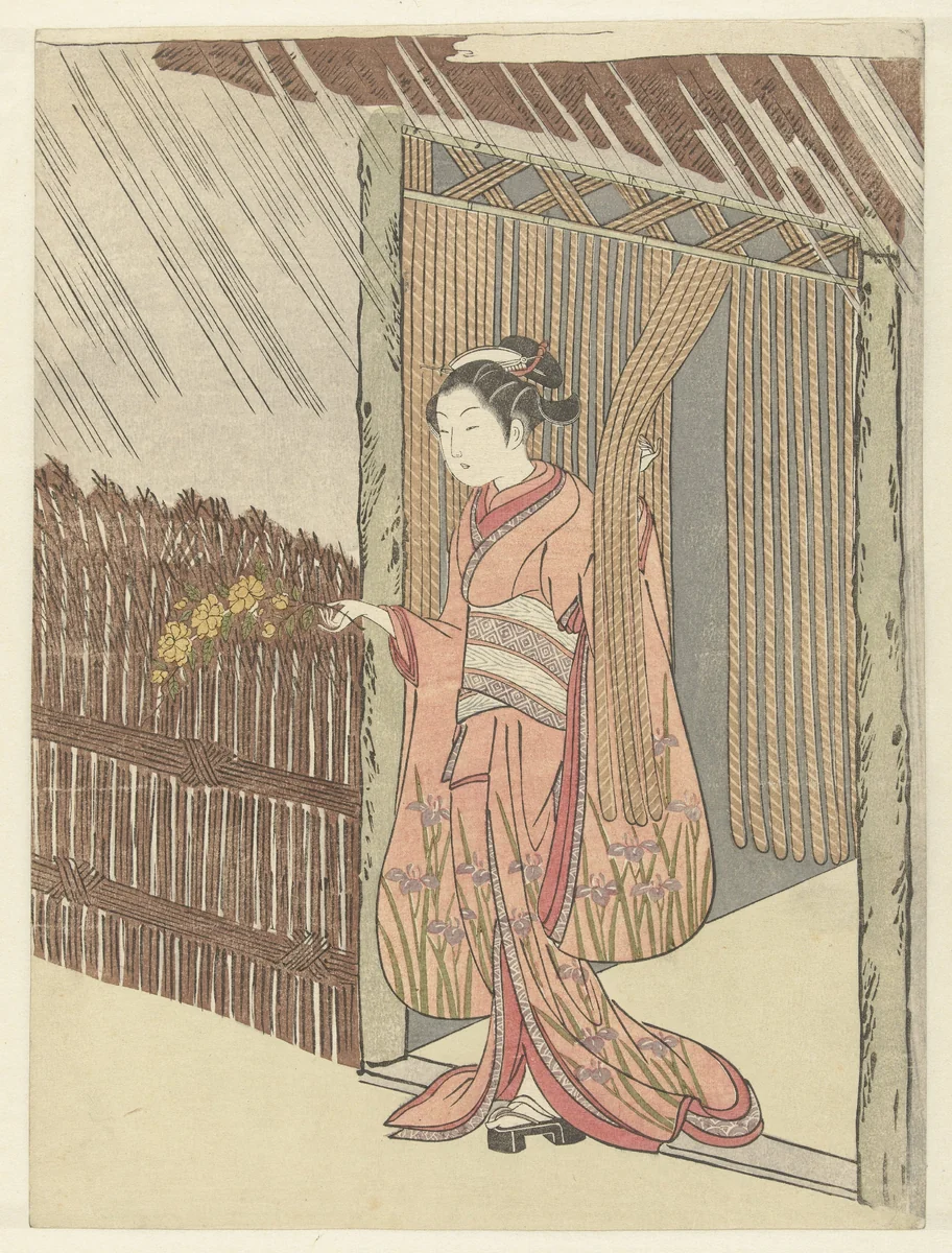 Meisje met een yamabuki tak in handen by Suzuki Harunobu (鈴木春信), print, 1764-1768