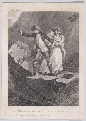 A couple standing on a mountain by Etienne Devilliers, print, 1824-1829