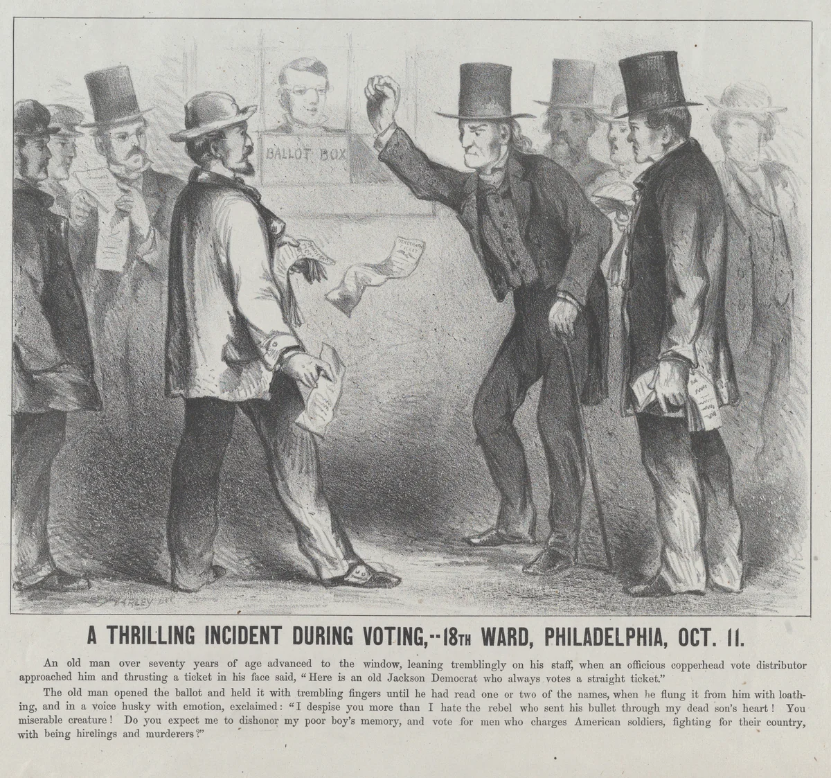 A Thrilling Incident During the Voting, 18th Ward, Philadelphia, October 11 by Harley, print, 1864