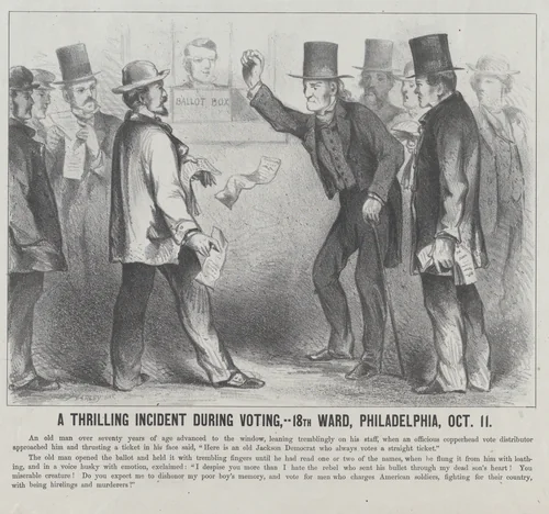 A Thrilling Incident During the Voting, 18th Ward, Philadelphia, October 11 by Harley, print, 1864