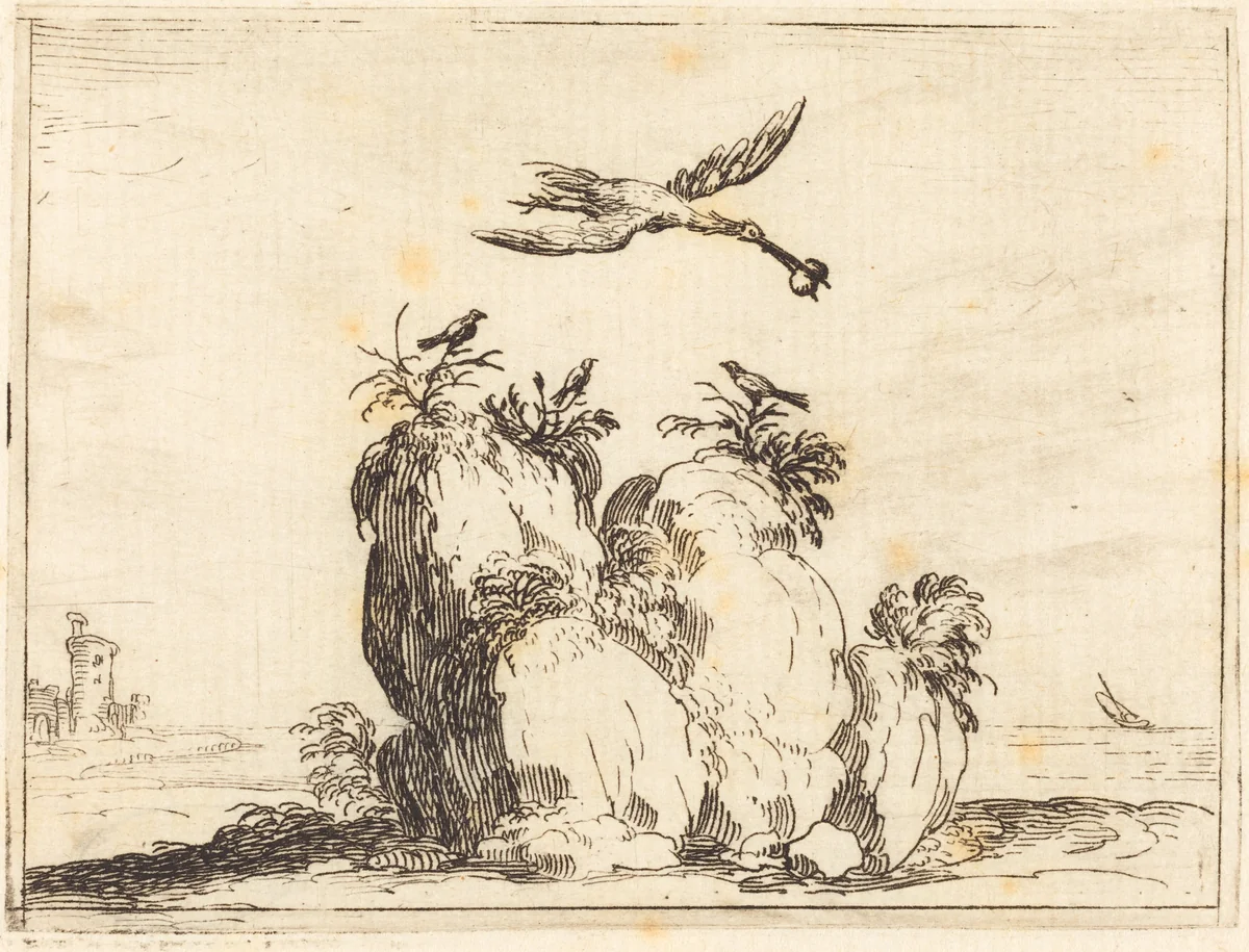 Crane Flying by Jacques Callot, print, 1628
